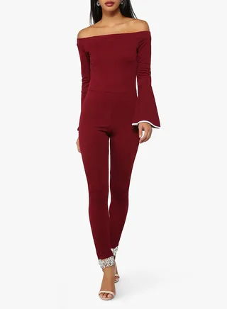 Bell Sleeve Bardot Jumpsuit Burgundy 