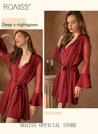 2-Piece Set of Women Pajamas with V-Neck Design Women Home Wear Set Same Color Outer Robe and Lace Element Nightgown 
