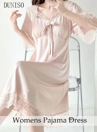 Women's Lace Short  Sleeve Nightgown Sweet Silk Pajama Dress Sleepwear Girls Comfortable V Neck Nightwear Summer Home Wear  Lounge Dress 