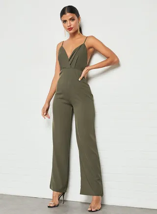 Plunge Neck Strap Jumpsuit Green 