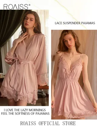 2-Piece Set of Women Pajamas with V-Neck Design Women Home Wear Set Same Color Outer Robe and Lace Element Nightgown 