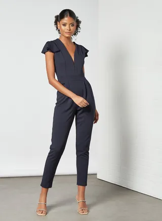 Frill Sleeve Jumpsuit Navy Blue 