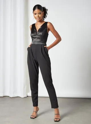 Plunge Neck Padded Back Tie Jumpsuit Black 