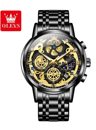 Watches For Men Fashion Stainless Steel Quartz Chronograph Water Resistant Watch Black 9947 