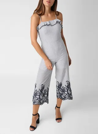 Square Neck Striped Embroidered Jumpsuit Blue 