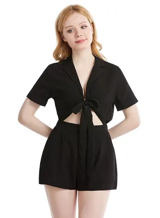 Solid Design Short Sleeves Short Jumpsuit Black 