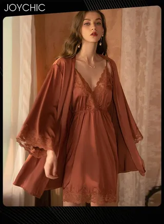 Ladies Silky Satin Embroidery Lace Deep V-neck Backless Pajamas Set Solid Color Sweet Suspender Nightdress+Sleep Robe for Women All Seasons One Size 