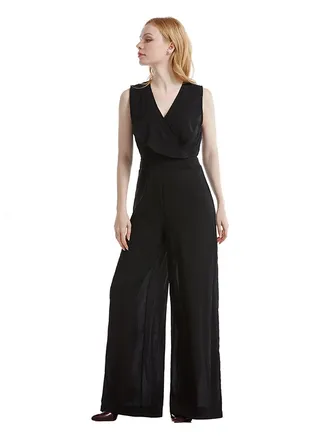 Solid Design V-Neck Jumpsuit Black 