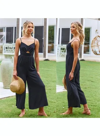 Women's V Neck casual jumpsuit Summer fashion suspender pleated high waist Rompers 