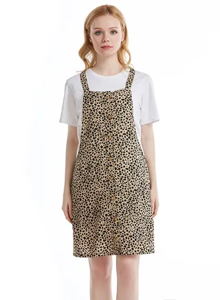 Square Neck Animal Printed Dungaree Khaki 