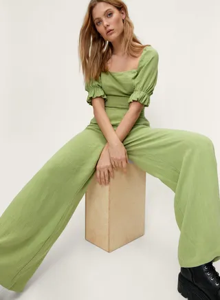 Linen Puff Sleeve Wide Leg Jumpsuit 