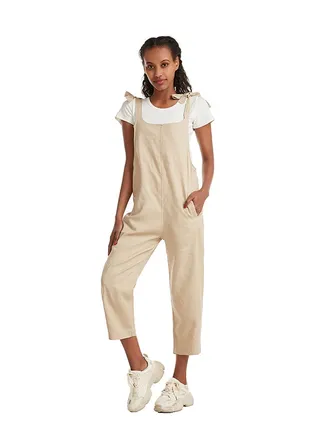 Round Neck Strapy Slacks Khaki 