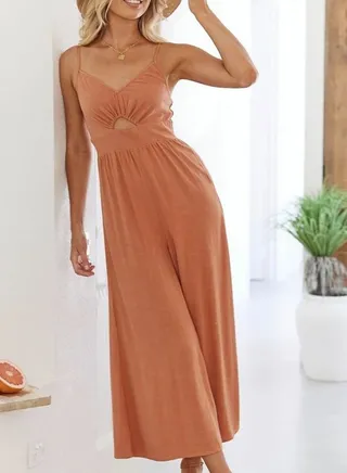 Women's V Neck casual jumpsuit Summer fashion suspender pleated high waist Rompers 