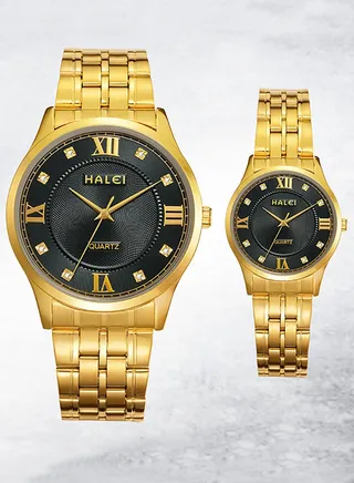 HALEI Couple Pair Watch  Quartz Simple Water Resistant  Watch Stainless Steel Strap Black Dial 560ml 