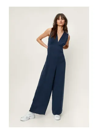 Premium Fabric Plunge Wide Leg Jumpsuit 