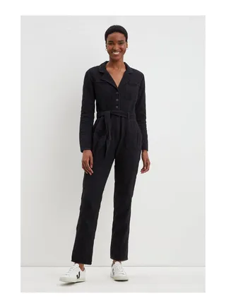 Denim Belted Revere Collar Long Sleeve Jumpsuit 
