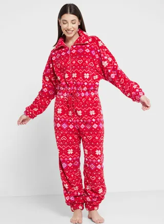 Zip Detail Printed Pyjama Set 