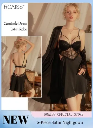 2-Piece Women'S Lace Pajamas Adjustable Shoulder Strap Pajama Dress With Chest Pad And Hollowed Out Back Silky Fabric Cardigan 