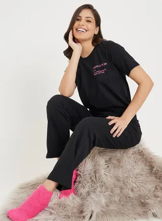 Cotton Slogan Print T-Shirt & Pyjama Set
