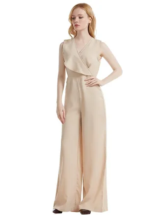 Lady's Solid Color V-Neck Jumpsuit One-Piece Sleeveless Top And Pants Khaki 