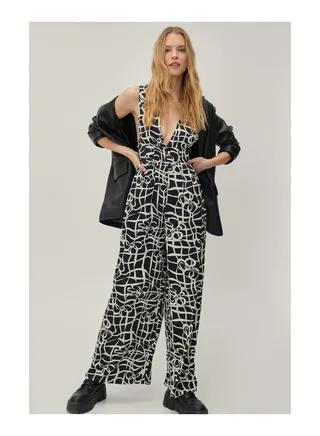 Abstract Print Plunge Jumpsuit 