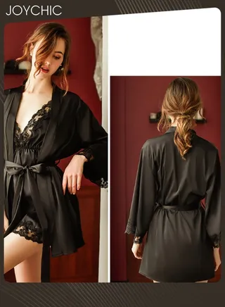 Ladies Silky Satin Embroidery Lace Deep V-neck Backless Pajamas Set Solid Color Sweet Suspender Nightdress+Sleep Robe for Women All Seasons One Size Black 