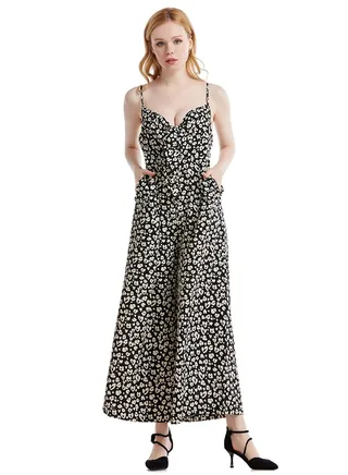 Lady's Printed Suspender Jumpsuit One-Piece Pants Black/White 