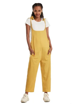 Women's Solid Color Loose suspender trousers Jumpsuit pants Yellow 