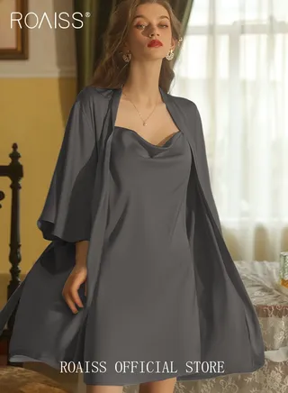 2-Piece Set of Women Pajamas with V-Neck Design Women Home Wear Set Same Color Outer Robe and Lace Element Nightgown 
