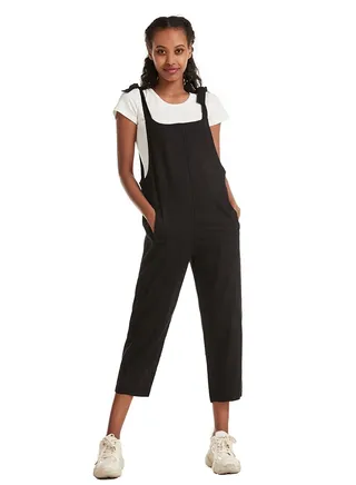 Women's Solid Color Loose suspender trousers Jumpsuit pants Black 