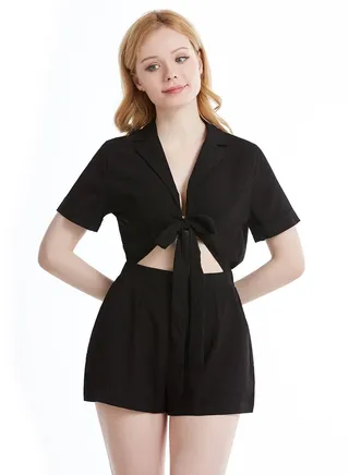 Lady's Solid Color Jumpsuit One-Piece Short Sleeve Top And Shorts Black 