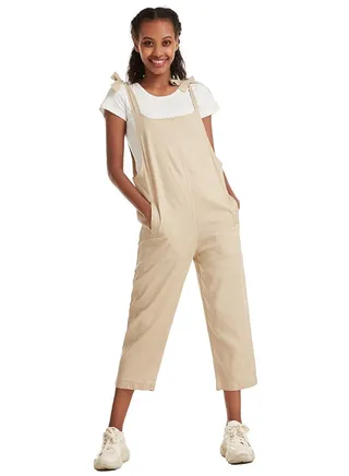 Women's Solid Color Loose suspender trousers Jumpsuit pants Khaki 
