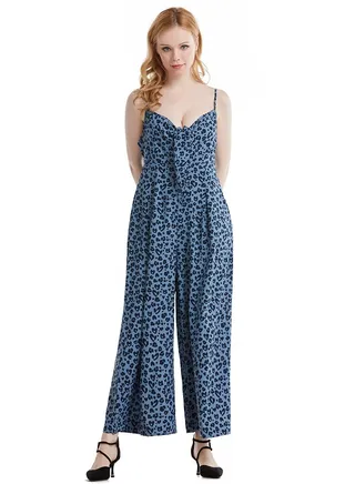 Lady's Printed Suspender Jumpsuit One-Piece Pants Blue/Black 