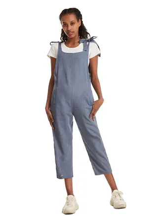 Women's Solid Color Loose suspender trousers Jumpsuit pants Dusty Blue 