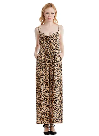 Lady's Printed Suspender Jumpsuit One-Piece Pants Brown/Black 