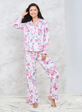 Floral Printed Button Down Shirt & Pyjama Set 