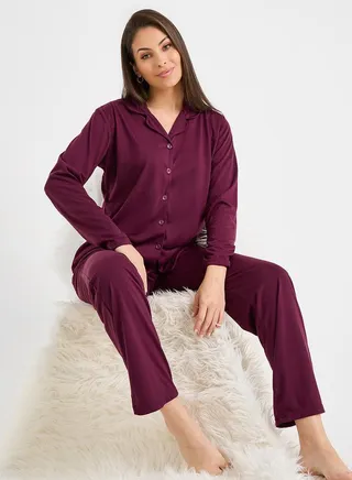 Jersey Button Through Shirt & Pajama Set