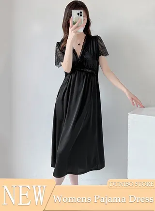 Women's Short Sleeve Nightgown Lace Pajama Dress Sleepwear Girls Comfortable V Neck Nightwear Summer Home Wear Lounge Dress 