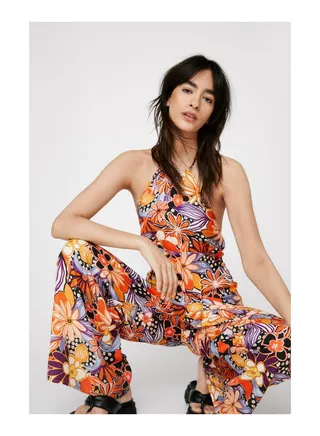 Tropical Floral Printed Strappy Back Jumpsuit 