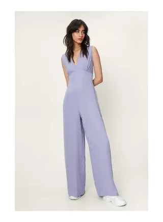 Premium Fabric Plunge Wide Leg Jumpsuit 