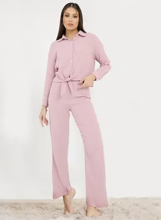 Cotton Textured Tie Front Shirt & Pyjama Set 