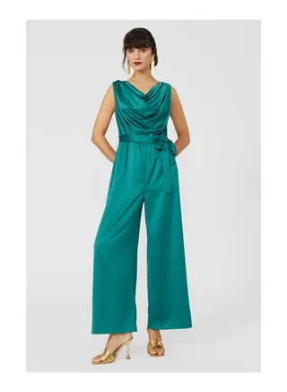 Cowl Neck Belted Satin Jumpsuit 
