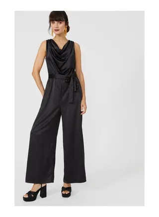 Cowl Neck Belted Satin Jumpsuit 