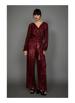 Sequin Tie Waist Long Sleeve Jumpsuit 