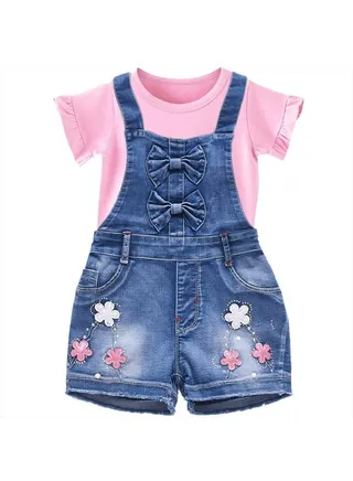 2-8Years Little&Big Summer 2pcs Clothing Set Flower Pink Short Sleeve T Shirt and Denim Rompers Shortalls (7-8Years) 