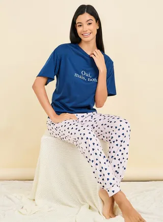 French Slogan Print Drop Shoulder T-Shirt & AOP Pyjama Set 
