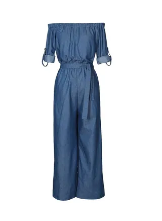 Off Shoulder Denim Belted Wide Leg Pants Jumpsuit Blue 