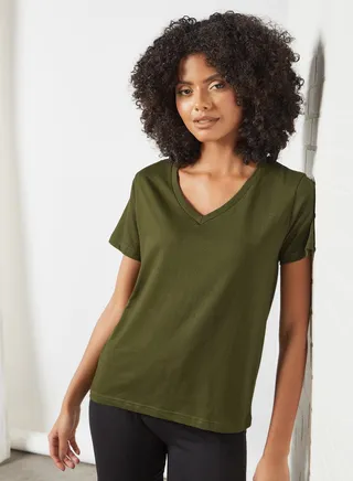 Relaxed V-Neck Loungewear T-Shirt Olive 