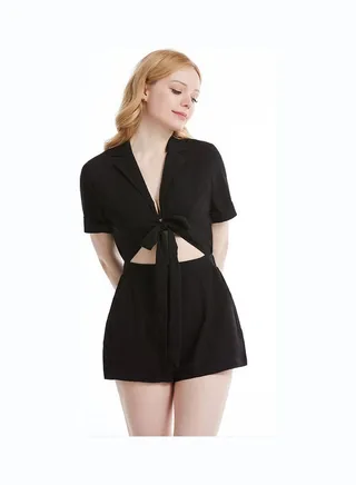 Collared Neck Bow Detail Jumpsuit Black 
