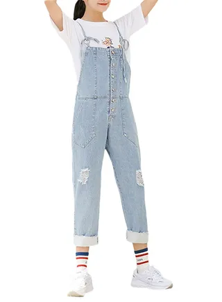 Loose Holes Wide Leg Denim Jumpsuit Blue 